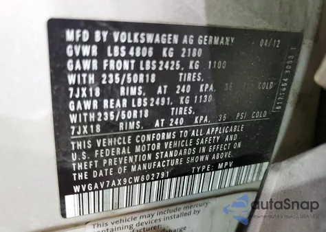 2012 Volkswagen Tiguan S из США, поврежденный, VIN WVGAV7AX9CW602791